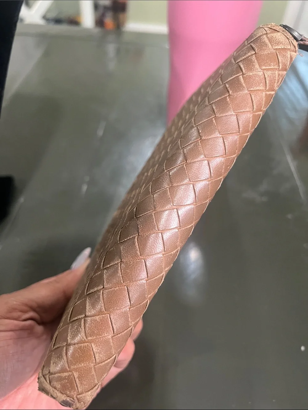 Bottega Veneta Tan Woven Zip Wallet